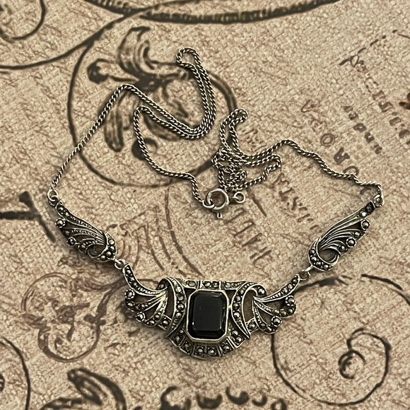 Vintage Art Deco black onyx marcasite solid sterling silver necklace - Picture 3 of 7